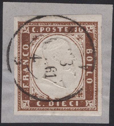 Sardegna, 10 centesimi bruno cioccolato scuro della II tavola n. 14Ci, 1861