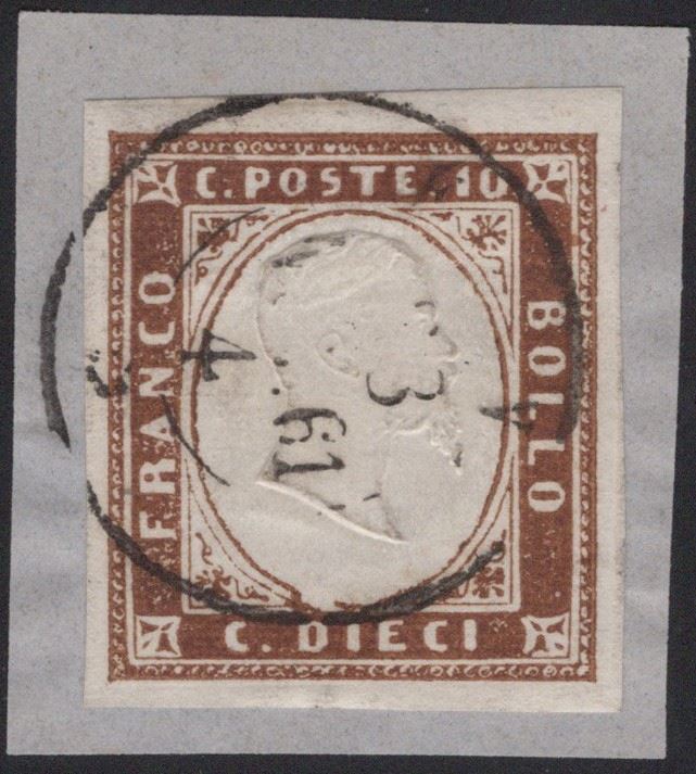 Sardegna, 10 centesimi bruno cioccolato scuro della II tavola n. 14Ci, 1861