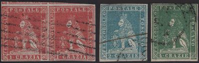 Toscana, Quattro esemplari di francobolli del 1852, qualità selezionata