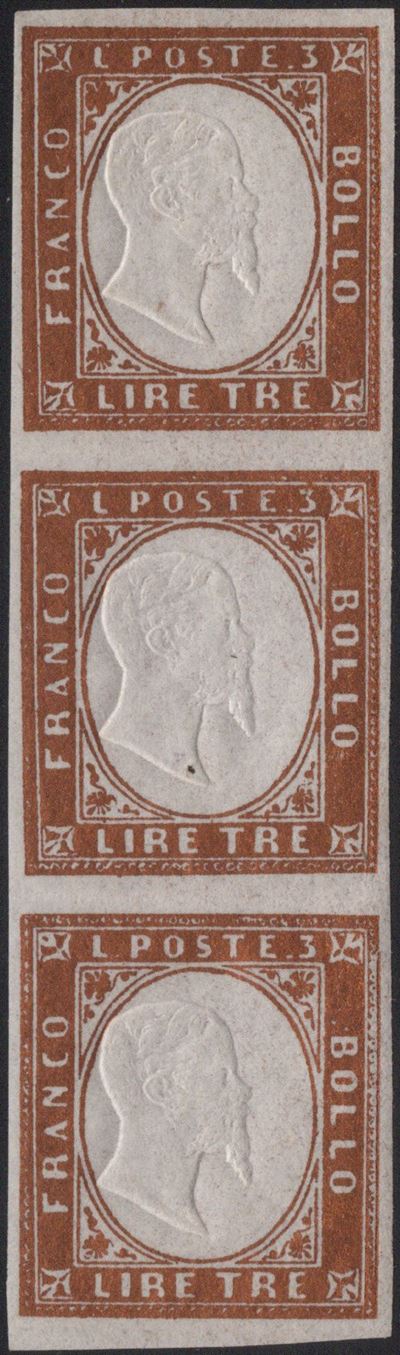 Sardegna, 3 lire rame vivo n.18A - striscia verticale di tre esemplari MNH/MH