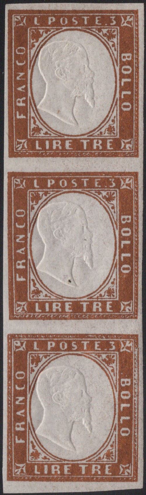 Sardegna, 3 lire rame vivo n.18A - striscia verticale di tre esemplari MNH/MH