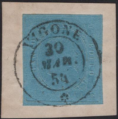 Sardegna, II emissione, 1853 - 20 cent. azzurro n. 5, Annullato su frammento