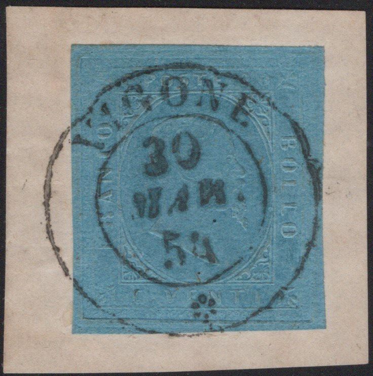 Sardegna, II emissione, 1853 - 20 cent. azzurro n. 5, Annullato su frammento