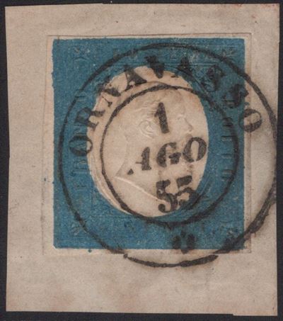 Sardegna, III emissione, 20 centesimi azzurro chiaro n. 8a, annullato a Ornavasso