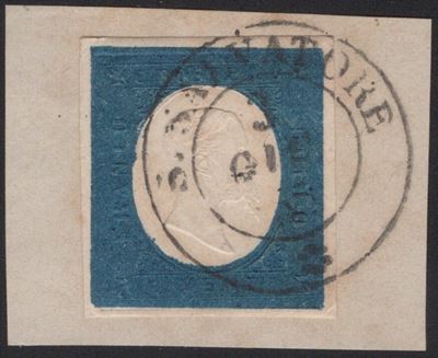 Sardegna, III emissione, 20 centesimi azzurro n.8, annullato a San Salvatore