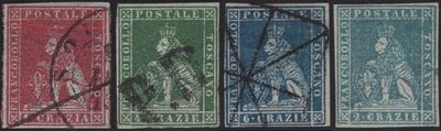 Toscana - I emissione, quattro esemplari del 1851