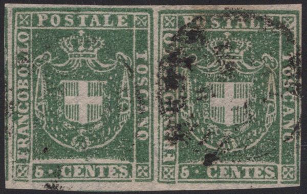 Toscana - Gov. Provvisorio, 5 cent. verde in coppia, splendida qualità.
