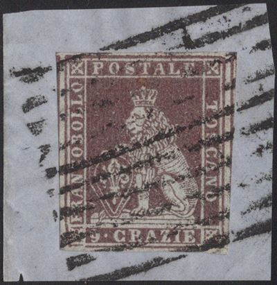 Toscana, 9 cr. bruno violaceo su frammento, 1851