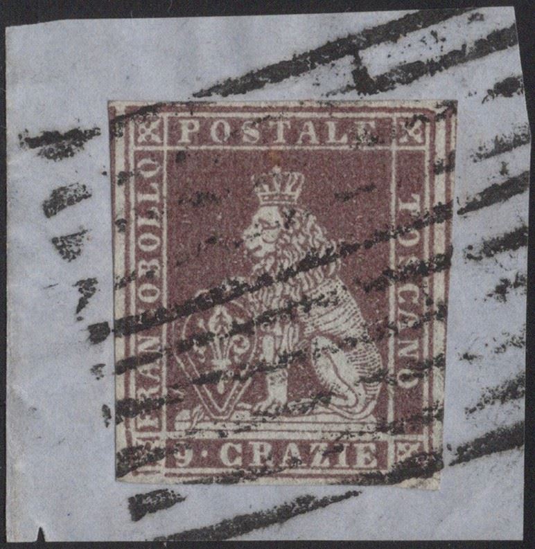 Toscana, 9 cr. bruno violaceo su frammento, 1851