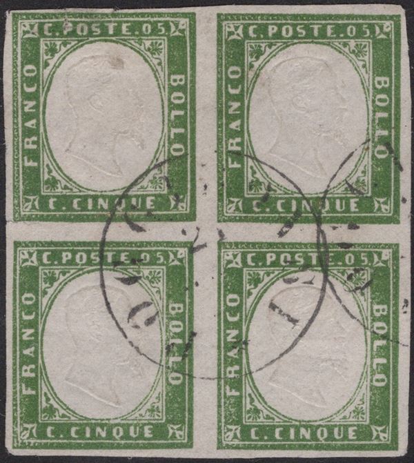 Sardegna - IV emissione, 5 cent. in quartina usata a Radiocofani