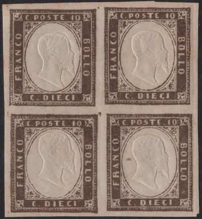Sardegna, IV emissione, 10 centesimi bruno giallastro, quartina MH/MNH