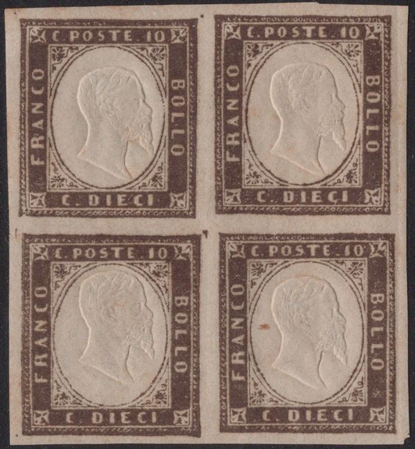 Sardegna - IV emissione, 10 cent. bruno giallastro n. 14Aa in quartina MH/MNH