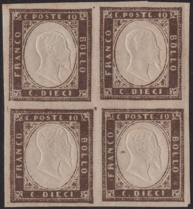 Sardegna, IV emissione, 10 centesimi bruno giallastro, quartina MH/MNH