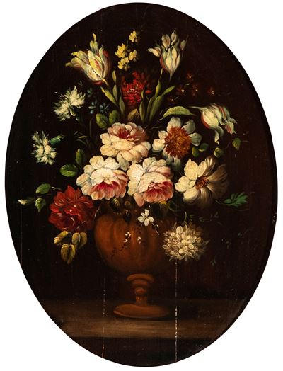 Autore sconosciuto, Bouquet di rose, camelie e tulipani in un vaso, olio su tavola