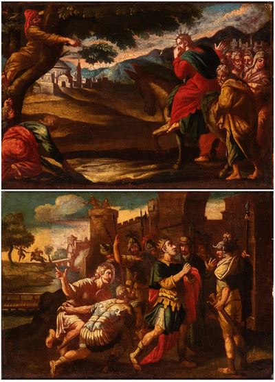 Autore sconosciuto, Ingresso di Cristo a Gerusalemme e Sovrano in preghiera di fronte alle mura d...
