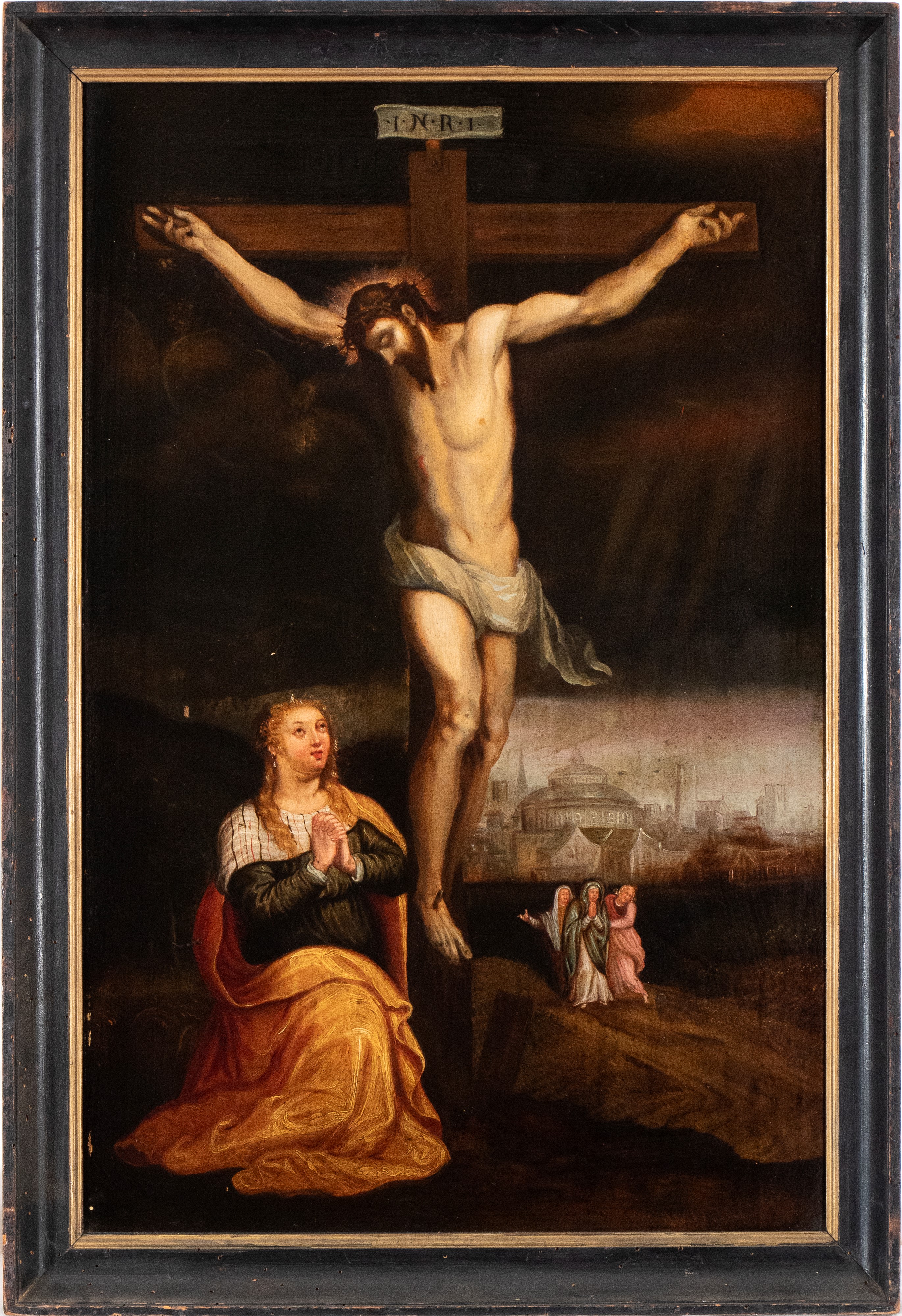 Artista Veneto, XVII Secolo - Crocifissione con Maria Maddalena, olio su tavola
