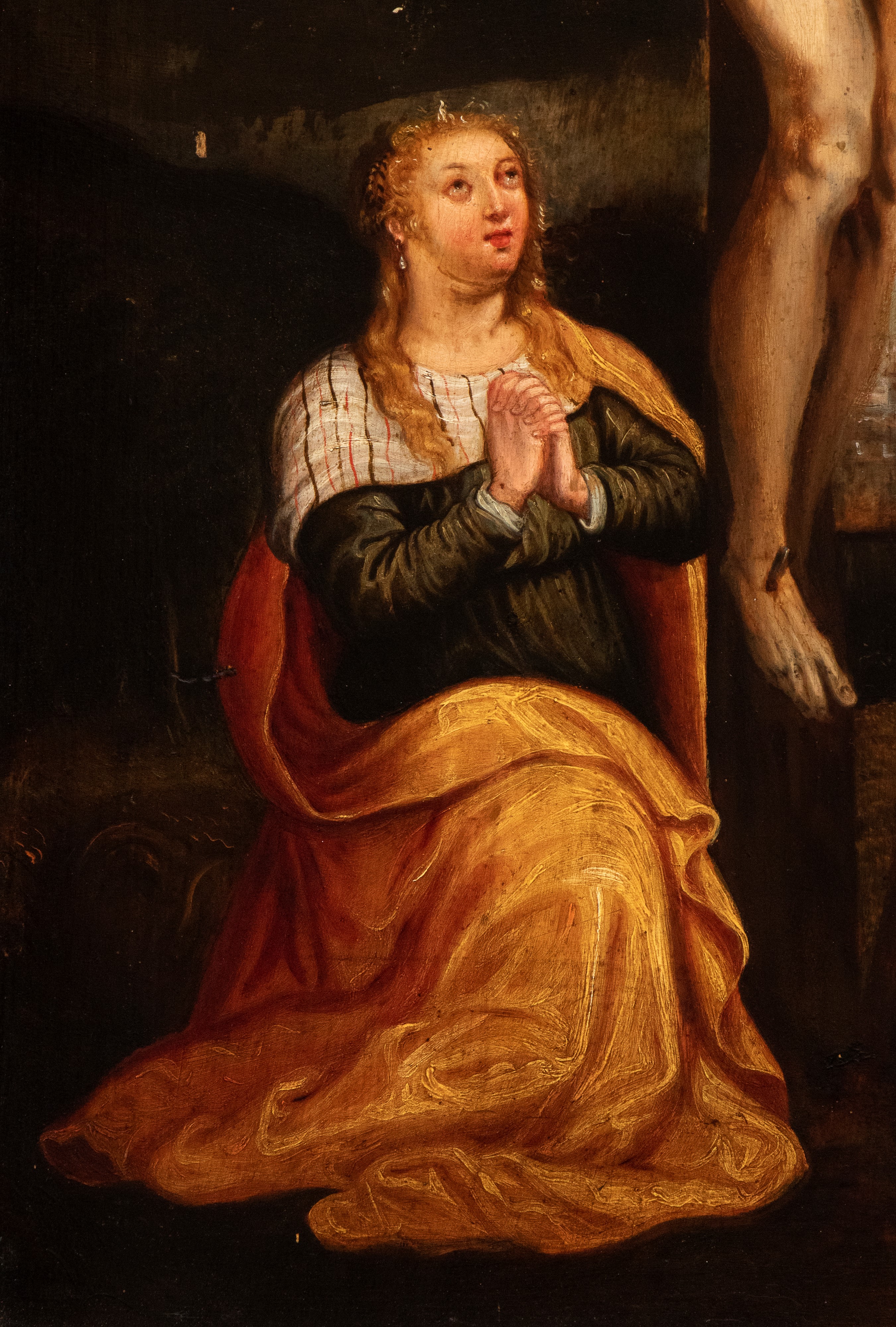Artista Veneto, XVII Secolo - Crocifissione con Maria Maddalena, olio su tavola