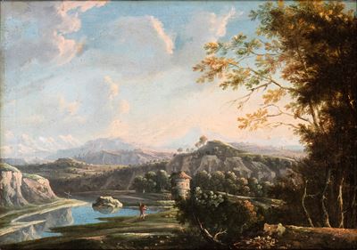 Paesaggio fluviale con torre e viandante, olio su tela