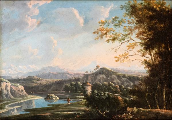 Artista fiammingo, XVII secolo - River landscape with a tower and a traveller