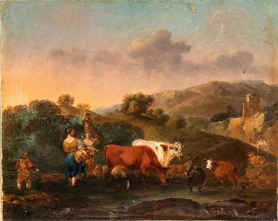 Paesaggio con pastore e lavandaie, olio su tela