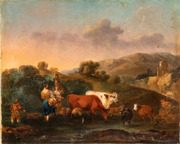 Nicolaes  Berchem - landscape with a shepherd, laundresses, and flocks