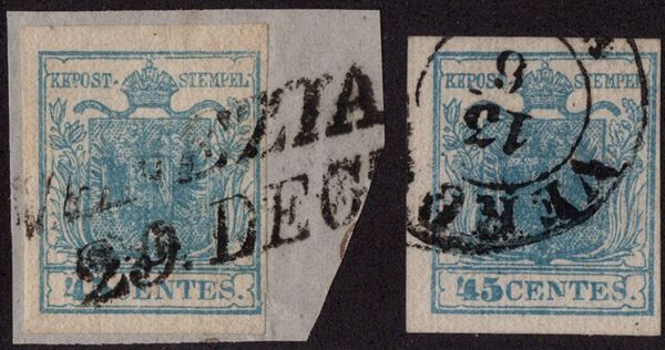 Lombardo Veneto - Carta costolata, 45 cent. due esemplari. 