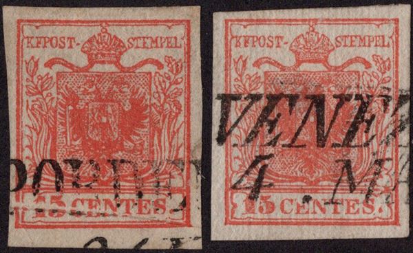 Lombardo Veneto - Carta costolata, 15 cent. due esemplari.