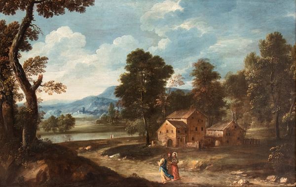 Artista veneto, XVIII secolo - Landscape with Road to Emmaus 