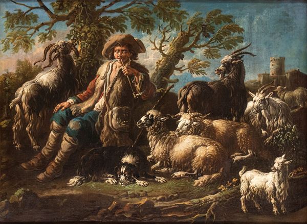 Domenico Brandi - Flock at rest with shepherd smoking a pipe