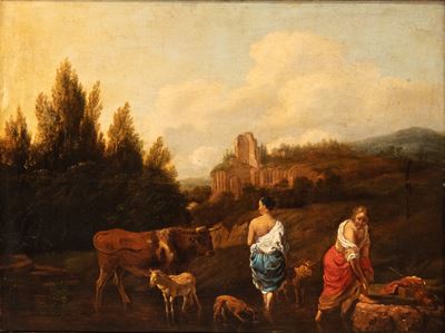 Autore sconosciuto, Paesaggio con pastorelle, animali e rovine, olio su tavola