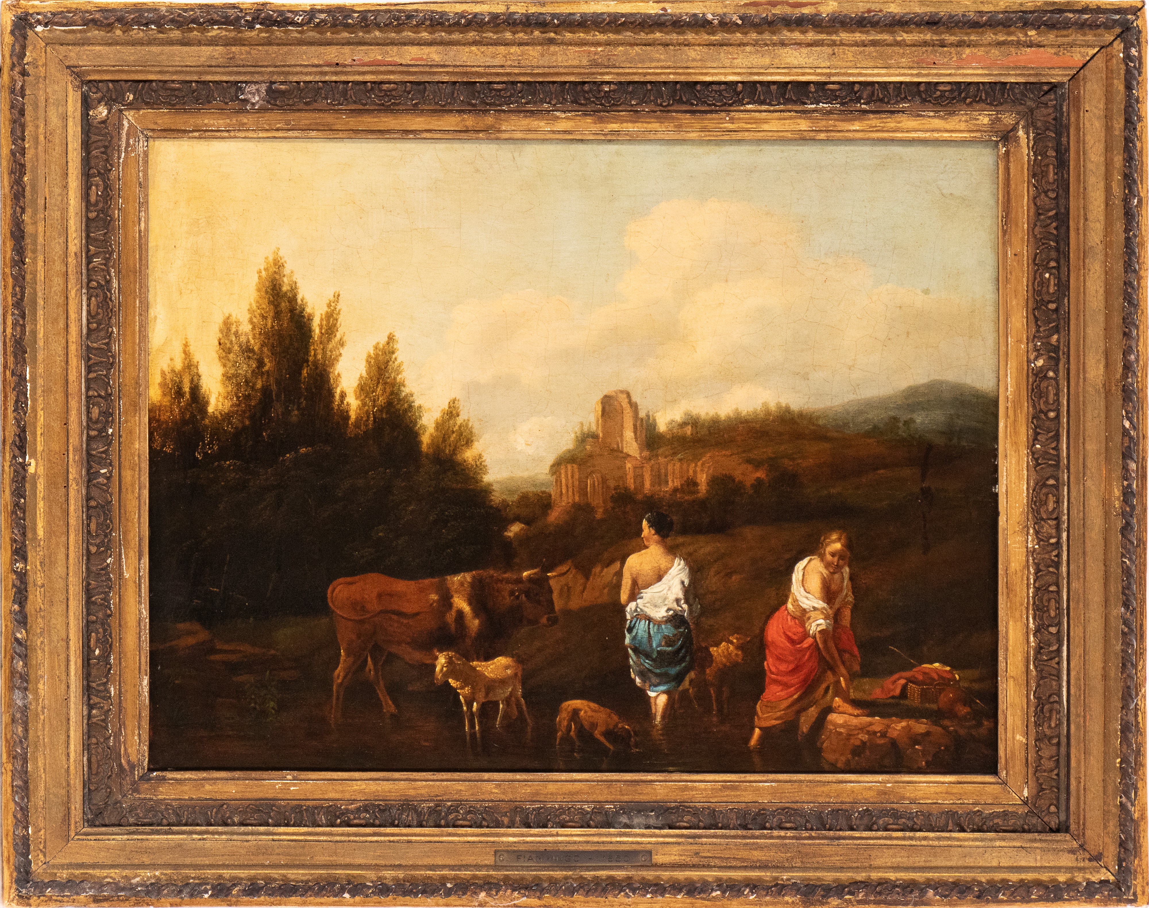 Artista Fiammingo Attivo a Roma, XVII Secolo - Autore sconosciuto, Paesaggio con pastorelle, anim...