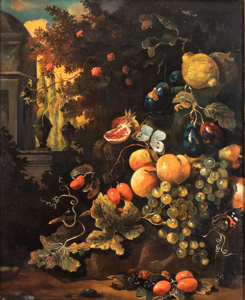 Artista Anonimo, XIX-XX Secolo - Natura morta in un paesaggio, olio su lavagna