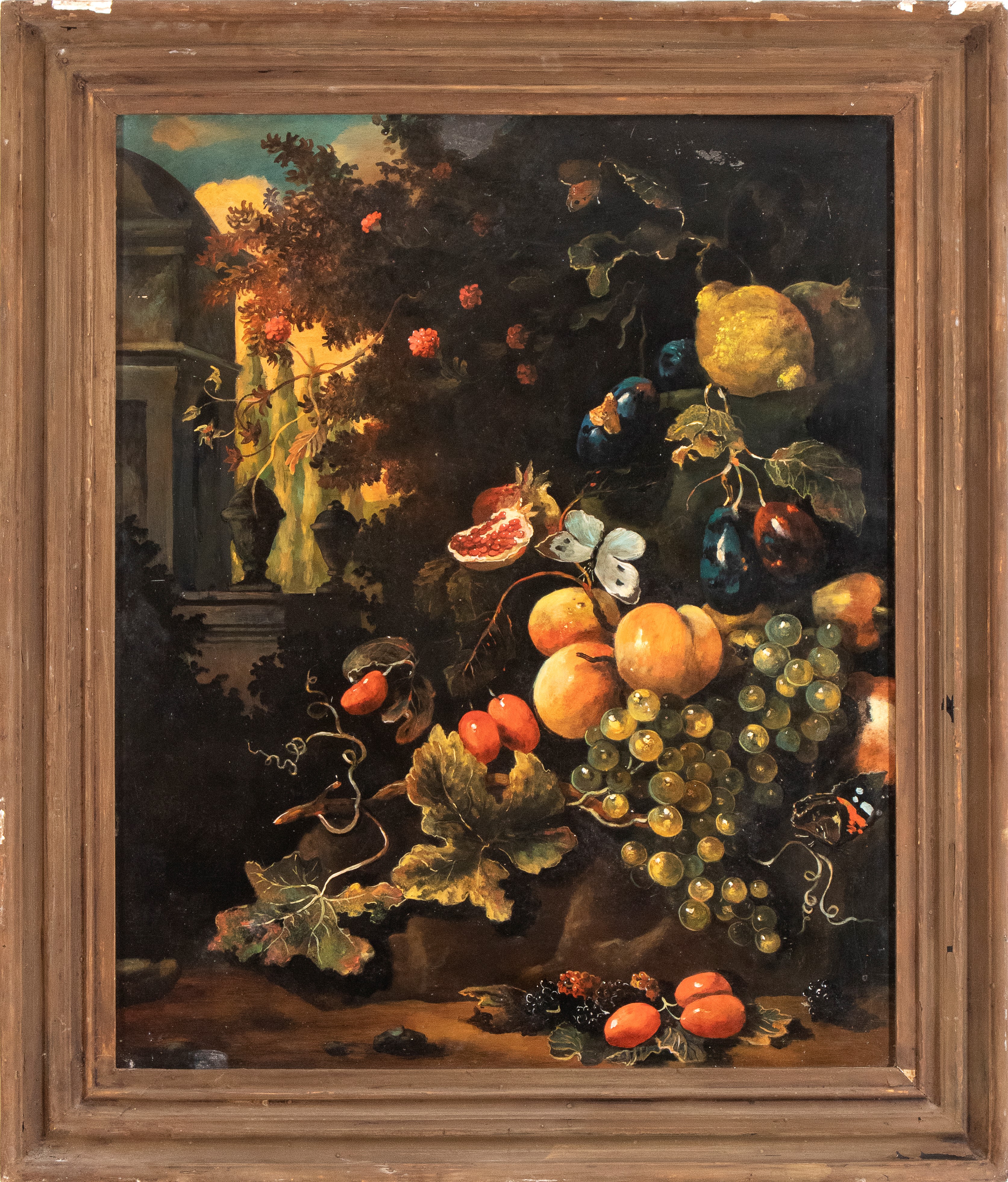 Artista Anonimo, XIX-XX Secolo - Natura morta in un paesaggio, olio su lavagna
