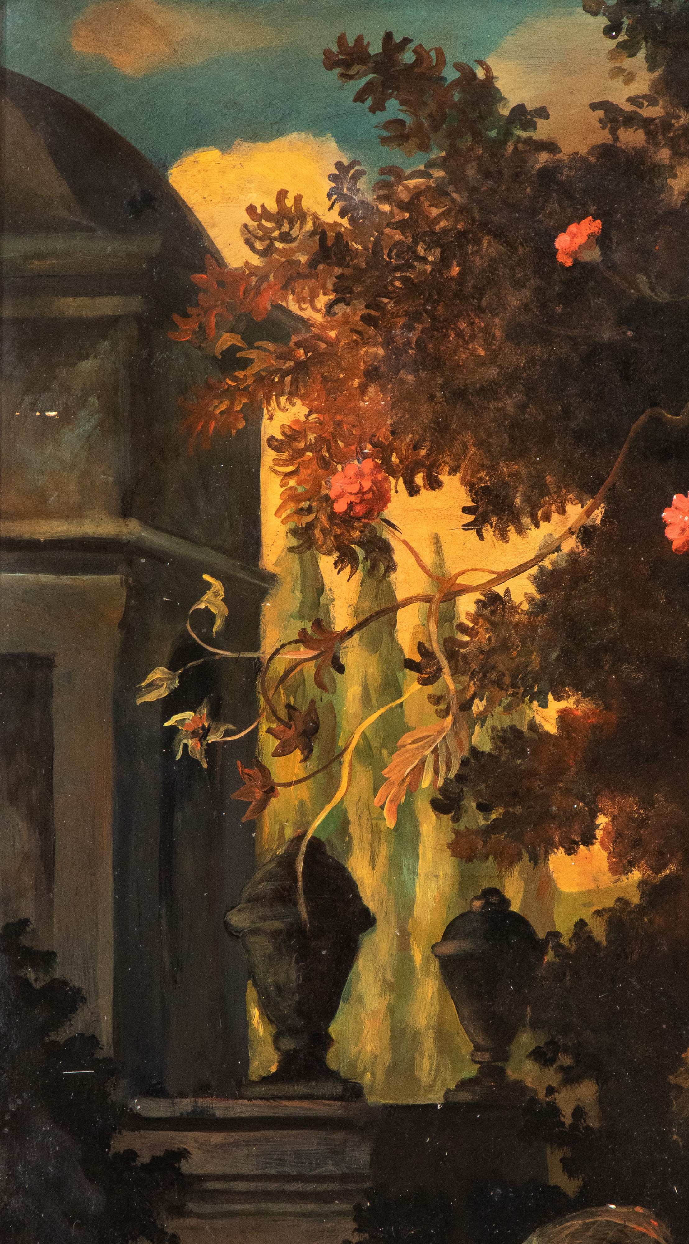 Artista Anonimo, XIX-XX Secolo - Natura morta in un paesaggio, olio su lavagna