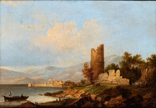 Artista italiano, XIX secolo - Marina with boats and tower ruins