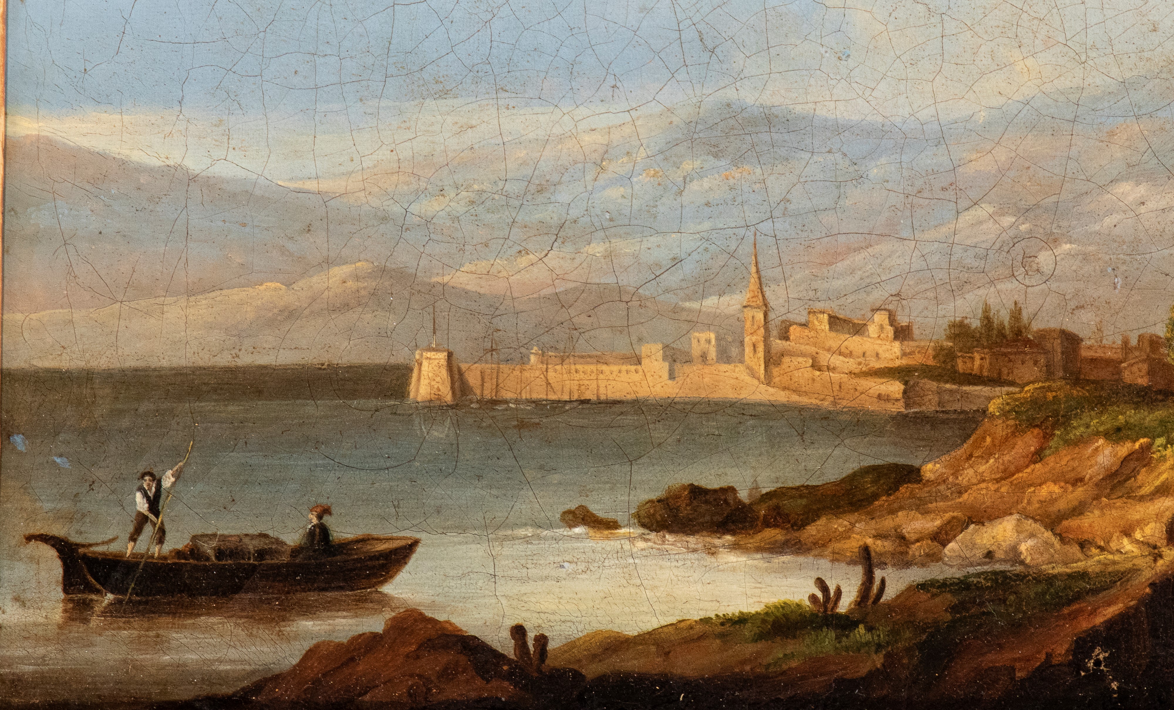 Artista Italiano, XIX Secolo - Autore non identificato, Marina con imbarcazioni e ruderi di torre...