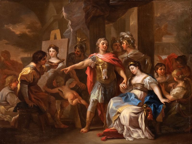Francesco Solimena - Apelle ritrae Campaspe alla presenza di Alessandro Magno, olio su rame