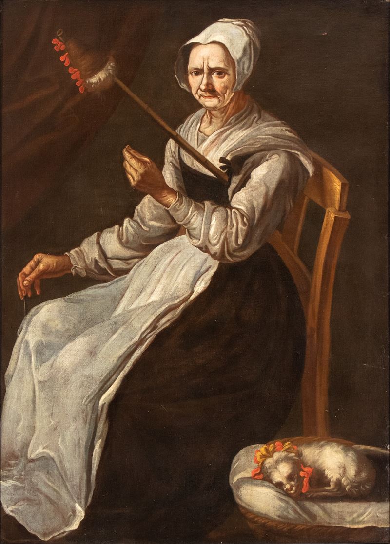 Artista Lombardo, XVIII Secolo - Autore Ignoto, Ritratto di anziana donna con fuso e cagnolino, o...