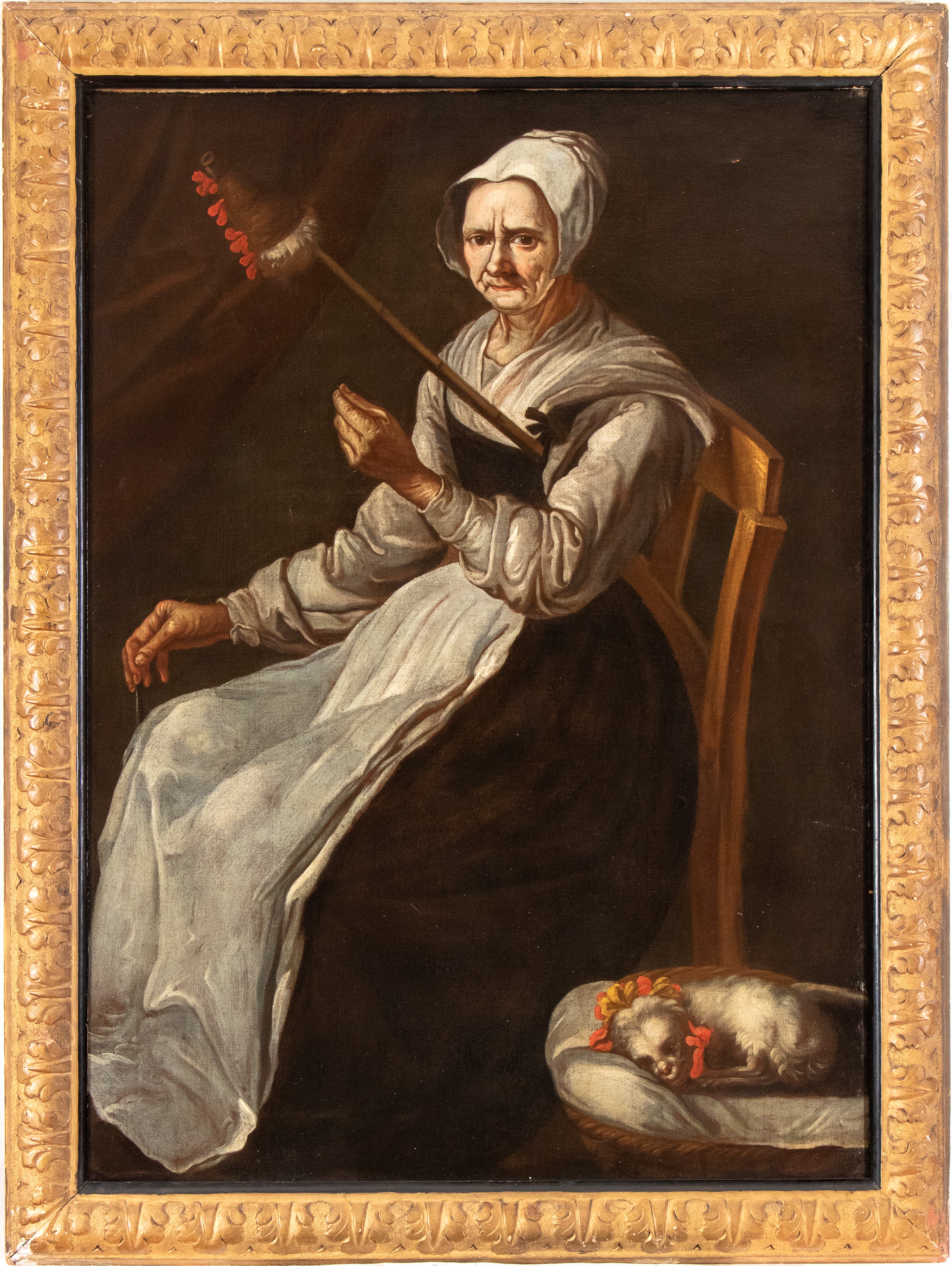 Ritratto di anziana donna con fuso e cagnolino