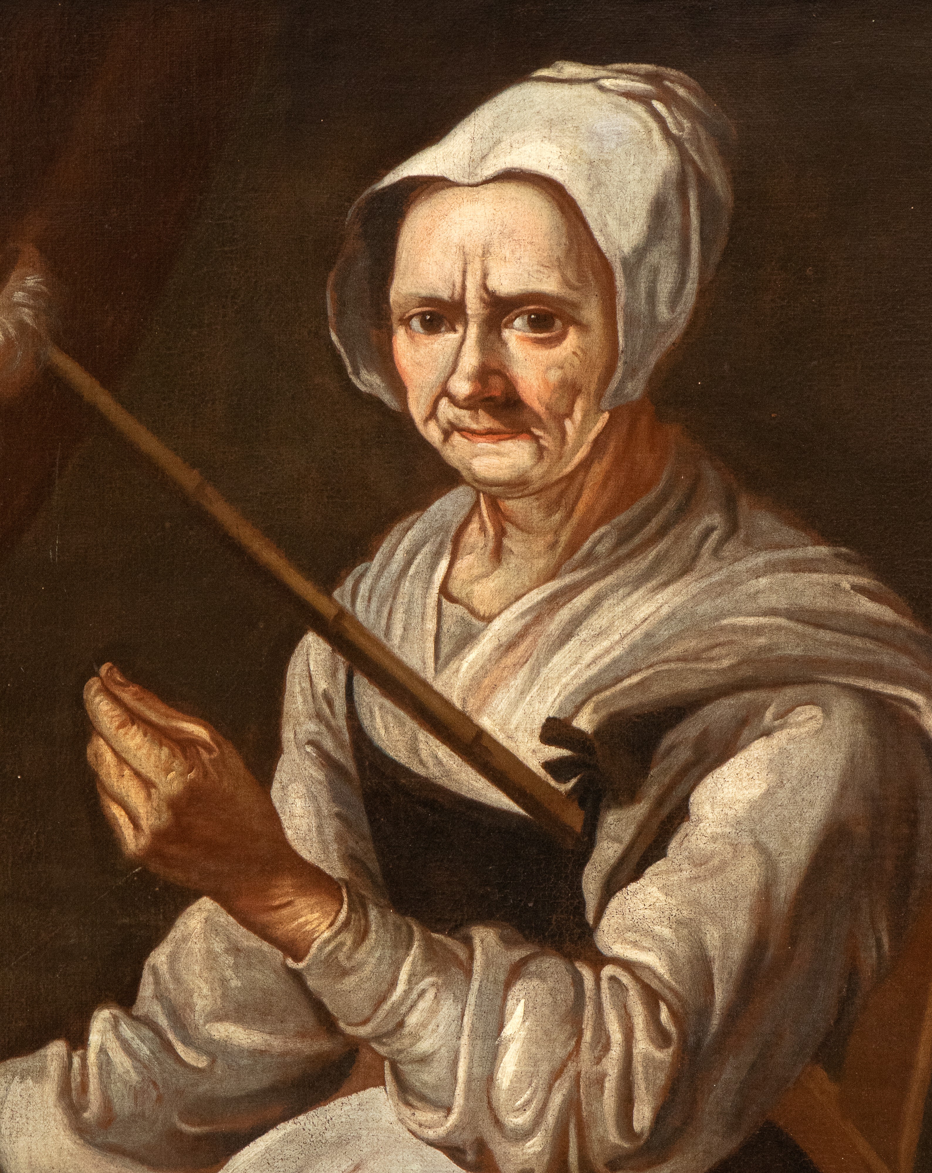 Ritratto di anziana donna con fuso e cagnolino