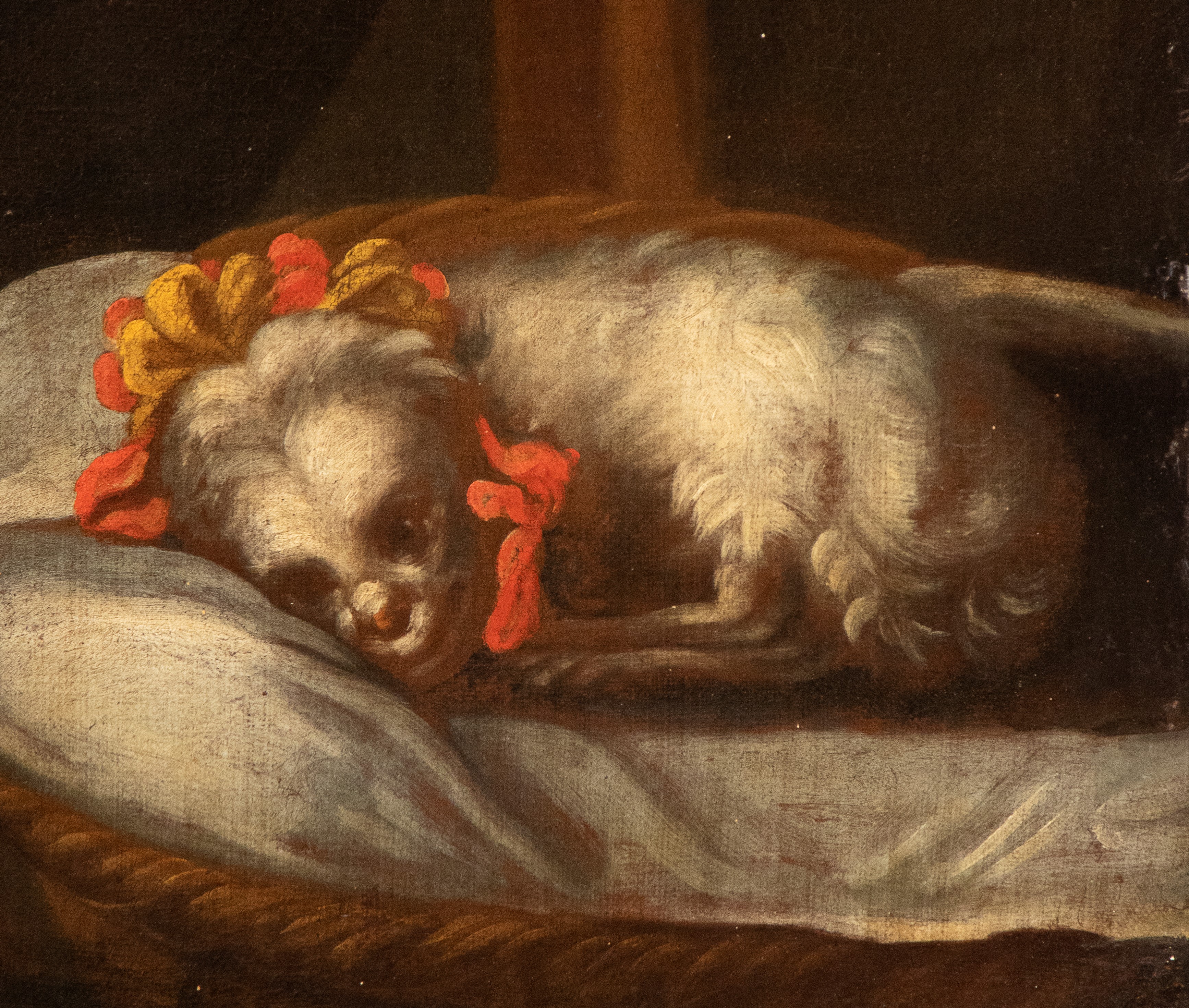 Artista Lombardo, XVIII Secolo - Autore Ignoto, Ritratto di anziana donna con fuso e cagnolino, o...