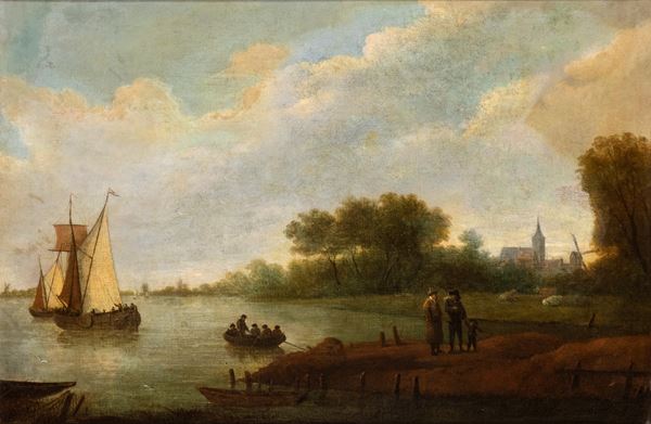Artista olandese, XVII secolo - River landscape with a sailing vessel, travellers, and a village in the background
