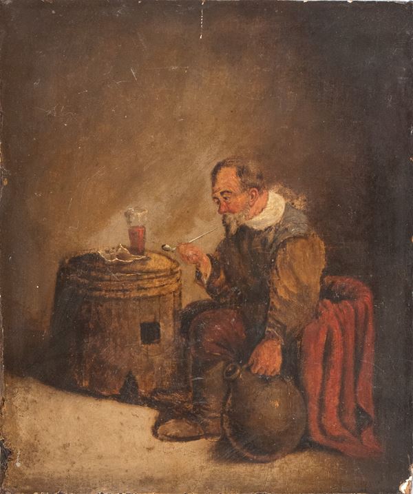 Artista fiammingo, XVII-XVIII secolo - Pipe smoker in a tavern