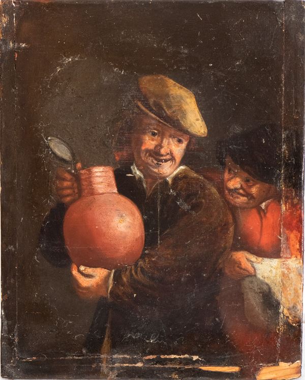Artista fiammingo, XVII-XVIII secolo - Drinkers in a tavern