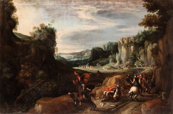 Artista attivo a Roma, prima met&#224; XVII secolo - Landscape with the Conversion of Saul