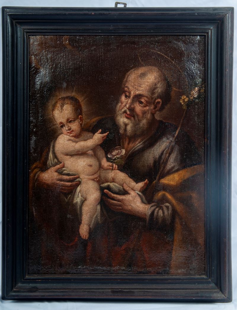 Capoletto devozionale con San Giuseppe e Bambino, dipinto ad olio su tela