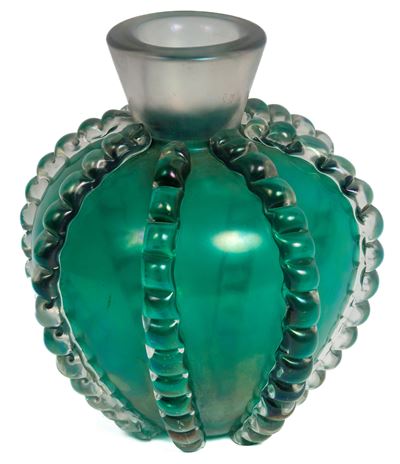 Vaso in vetro iridescente di Murano, forma ovoidale con cordonature in vetro, fine anni '30