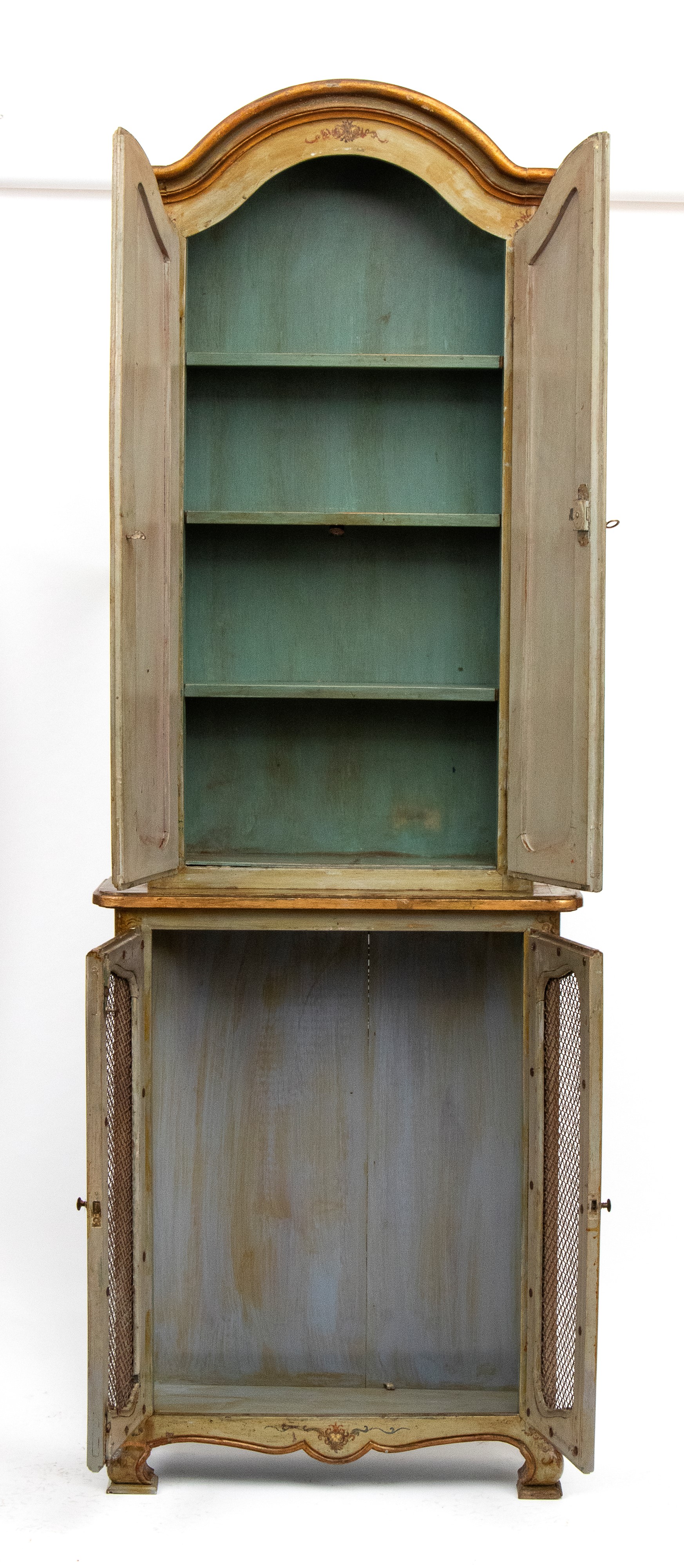 Credenza a due corpi, laccata e dipinta, Venezia, XX secolo
