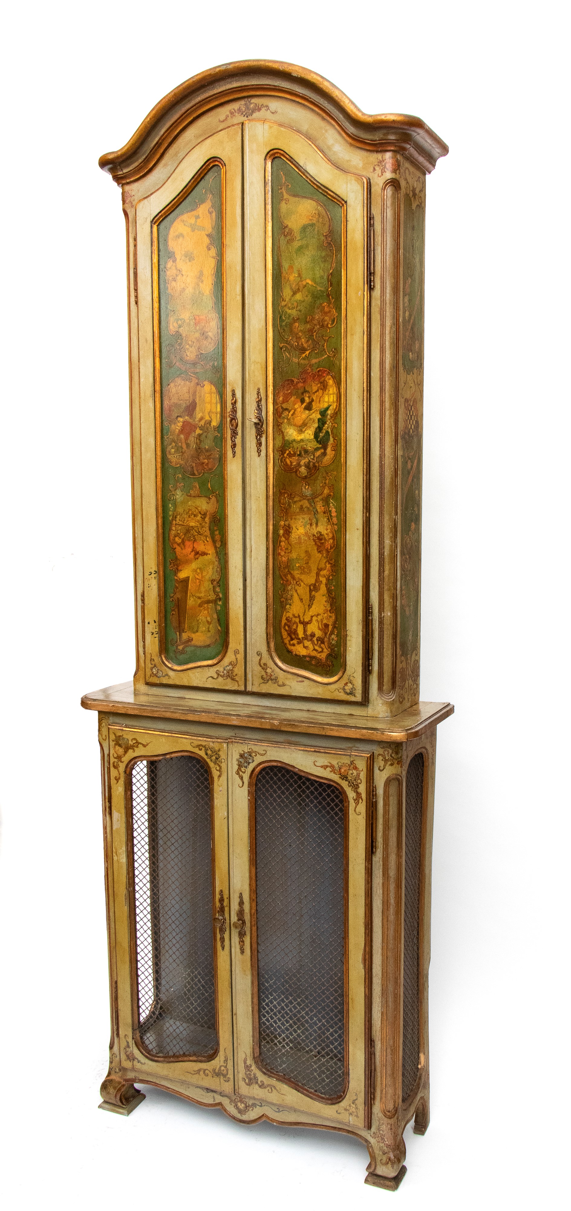 Credenza a due corpi, laccata e dipinta, Venezia, XX secolo