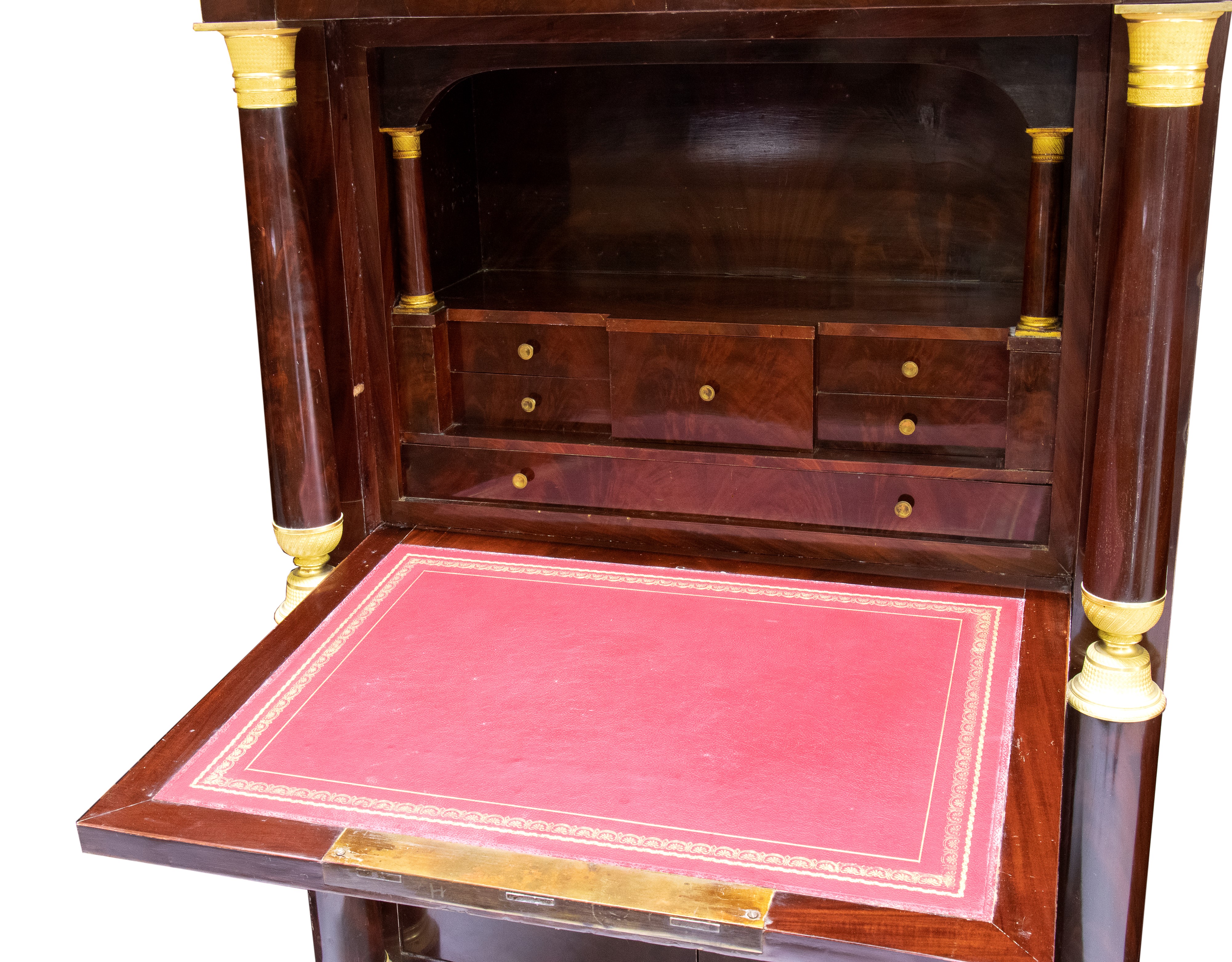 Secretaire Impero francese, mogano fiammato con bronzi dorati, ribalta e piano in marmo nero d’Af...